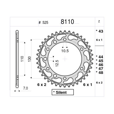 CORONA DA 45 DENTI IN ACCIAIO  PASSO 525 YAMAHA R6 600 (2006-2017) - MT-07 700 - ABS - MC Moto Cage (2014-2017) - XSR 700 (2016-2017) / SUZUKI GSX-R 600 (2011-2017) - GSX-R 750 (2011-2015) - GSX-R 1000 (2017>)