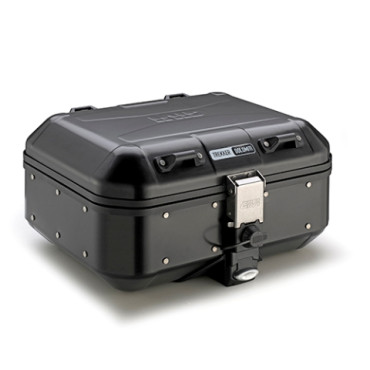 Valigia MONOKEY® Trekker Dolomiti in alluminio verniciato nero, 30 lt. Utilizzabile sia come top case (compatibile con tutte le piastre MONOKEY®), che come valigia laterale.