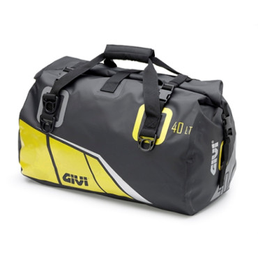 Borsone impermeabile da sella 40 lt, base nera con stampe giallo, grigio e argento riflettente.